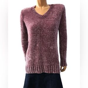 Orvis Women's Purple Mauve V-Neck Chunky Soft Chenille Pullover Sweater Size S